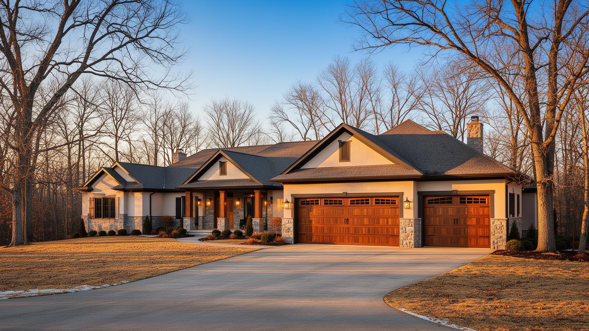 Premium insulated steel garage doors with wood overlay on luxury ranch home in Gates Mills